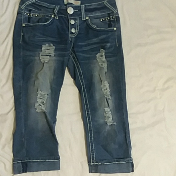 Ripped Cuffed Blue Jean Capris - Picture 1 of 2